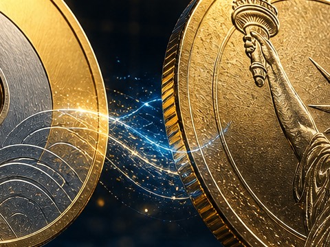 원화가 그려진 동전과 달러 동전이 어두운 바다 위에 떠 있고, 그 사이로 내려가는 환율 차트가 놓인 일러스트